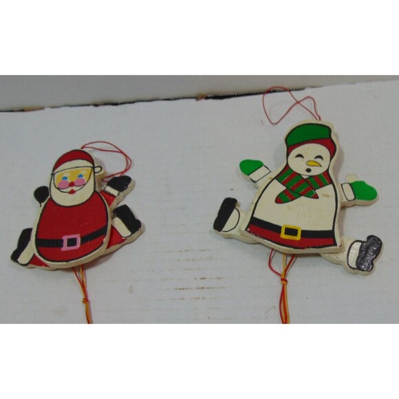 Santa and Snowman Jumping Jack Thick Wooden Pull Christmas Ornaments Vintage 80s - Picture 2 of 6